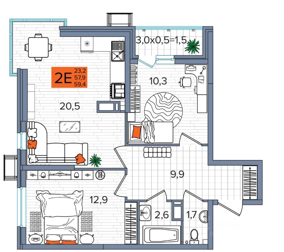 Двухкомнатная в Литер 2 очередь 2