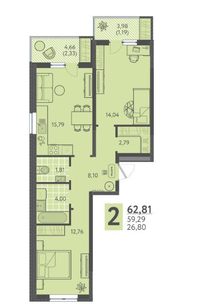 Двухкомнатная в Литер 6 очередь 2