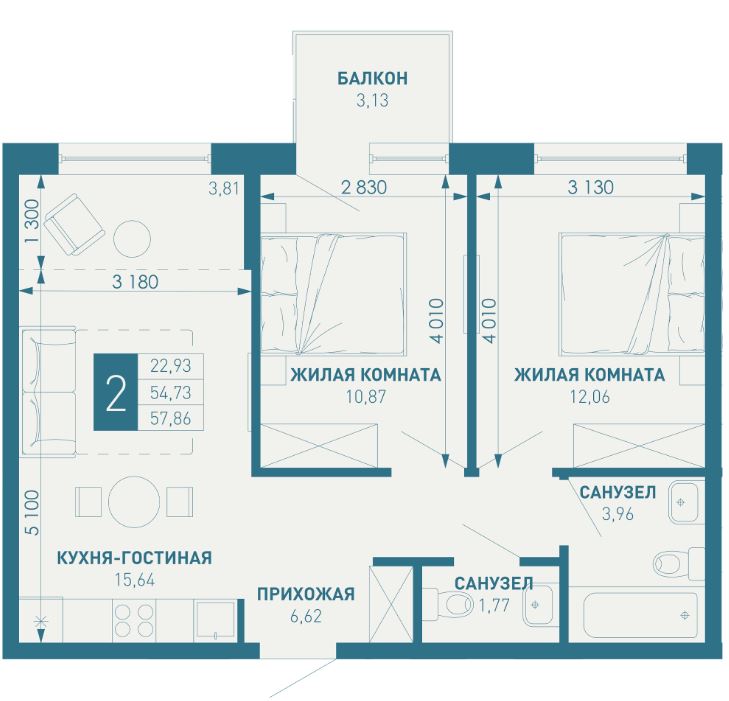 Двухкомнатная в Литер 2