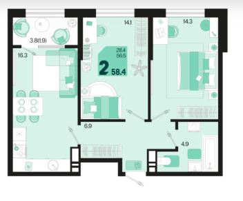 Двухкомнатная в Квартал 1.6 Литер 1