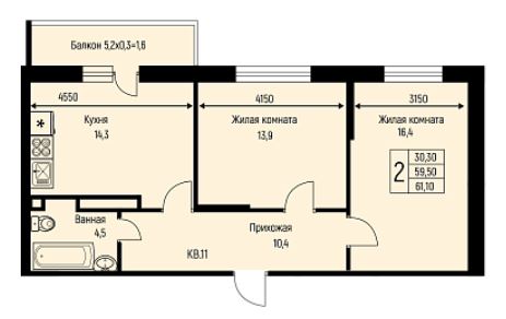Двухкомнатная в Литер 8