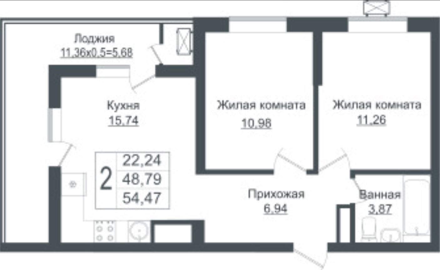 Двухкомнатная в Литер 1