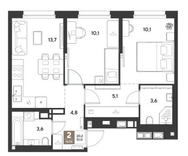 Двухкомнатная в Литер 13