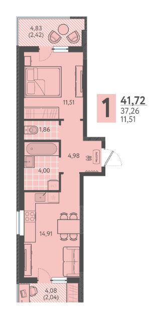 Однокомнатная в Литер 4 очередь 2