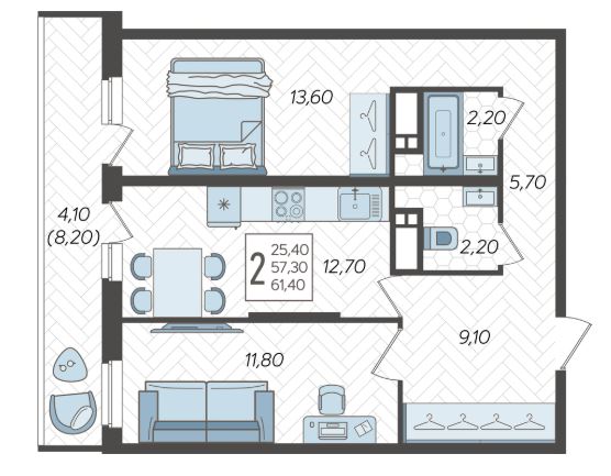 Двухкомнатная в Литер 6