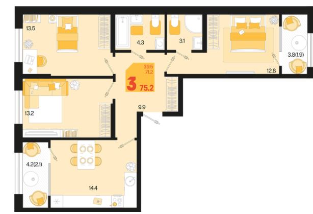 Трехкомнатная в Квартал 1.6 Литер 1