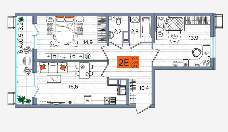 Двухкомнатная в Литер 1 очередь 2