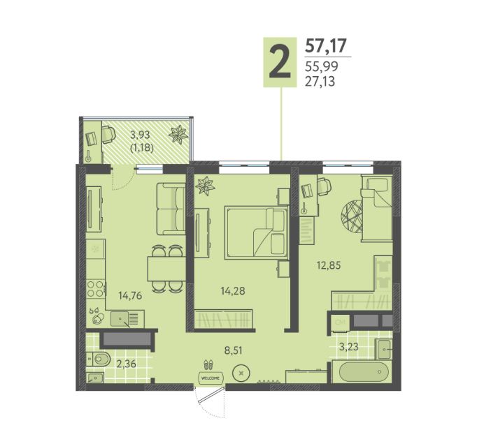 Двухкомнатная в Литер 9 очередь 3