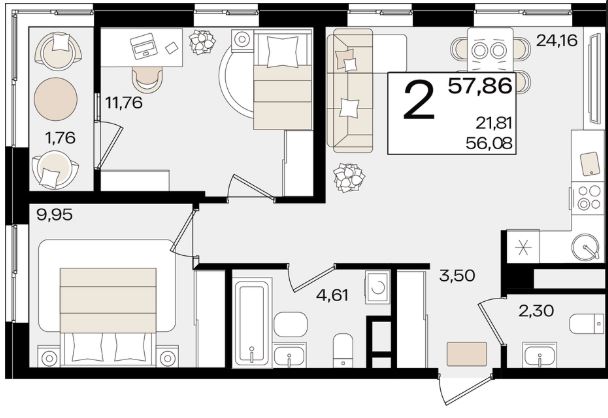 Двухкомнатная в Литер 1.3