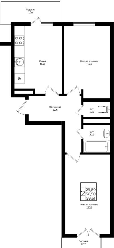 Двухкомнатная в Литер 3