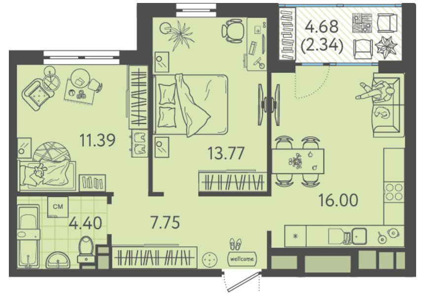 Двухкомнатная в Литер 1 очередь 1