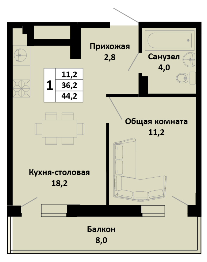 Однокомнатная в Литер 1