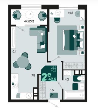 Двухкомнатная в Квартал 1.3 Литер 2