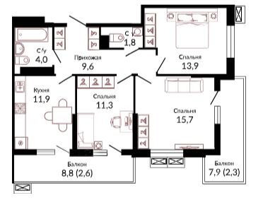 Трехкомнатная в Литер 2.1 очередь 1