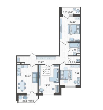 Трехкомнатная в Литер 1