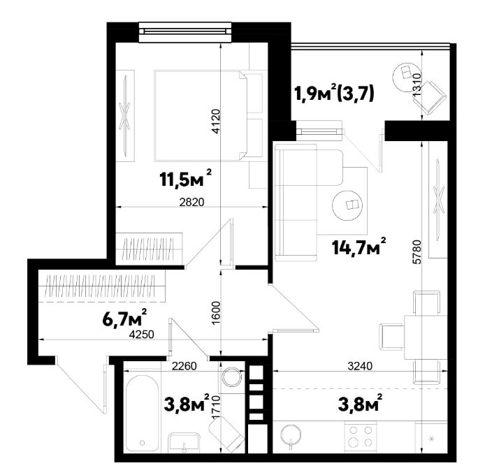 Двухкомнатная в Литер 2.7