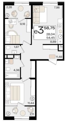 Трехкомнатная в Литер 1.3
