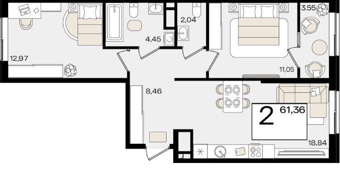 Двухкомнатная в Литер 1.4