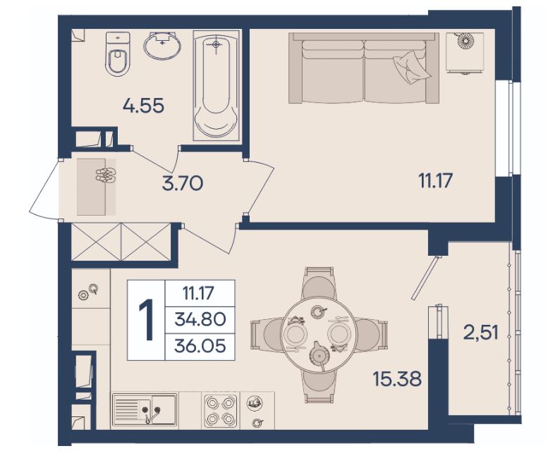 Однокомнатная в Литер 1.5