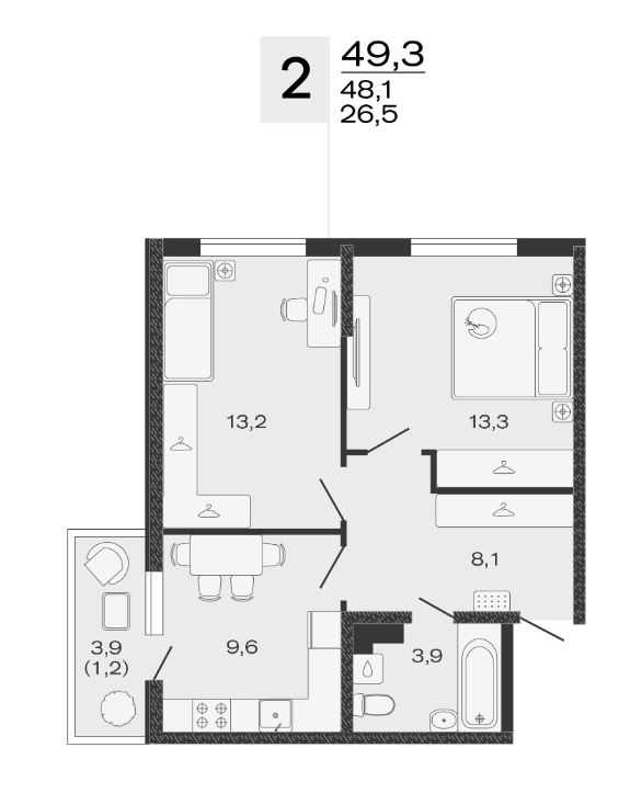 Двухкомнатная в Литер 1