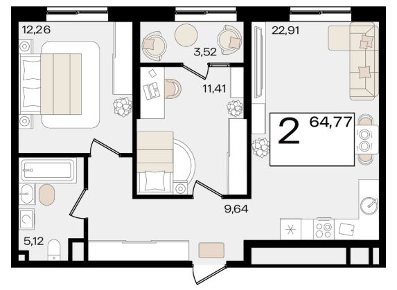 Двухкомнатная в Литер 1.1