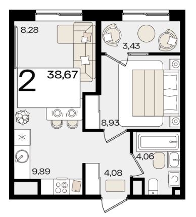 Двухкомнатная в Литер 1.2