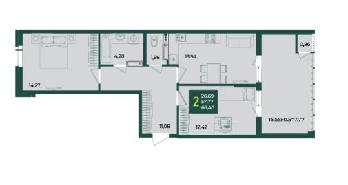 Двухкомнатная в Дом 2 очередь 2 