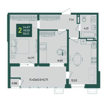 Двухкомнатная в Дом 16 очередь 4