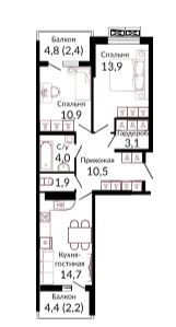 Двухкомнатная в Литер 1.1 очередь 2