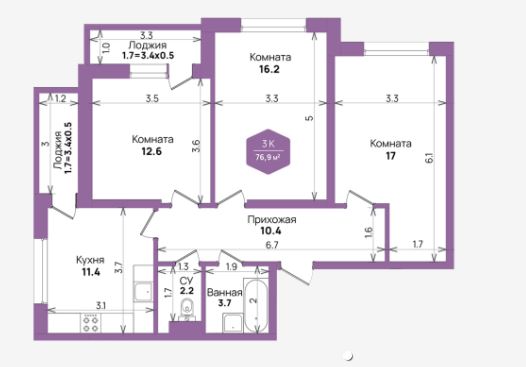 Трехкомнатная в Литер 6.1