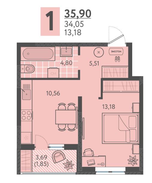 Однокомнатная в Литер 4 очередь 2