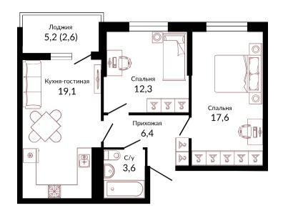 Двухкомнатная в Литер 2.2 очередь 1