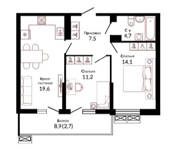 Двухкомнатная в Литер 1.1 очередь 2