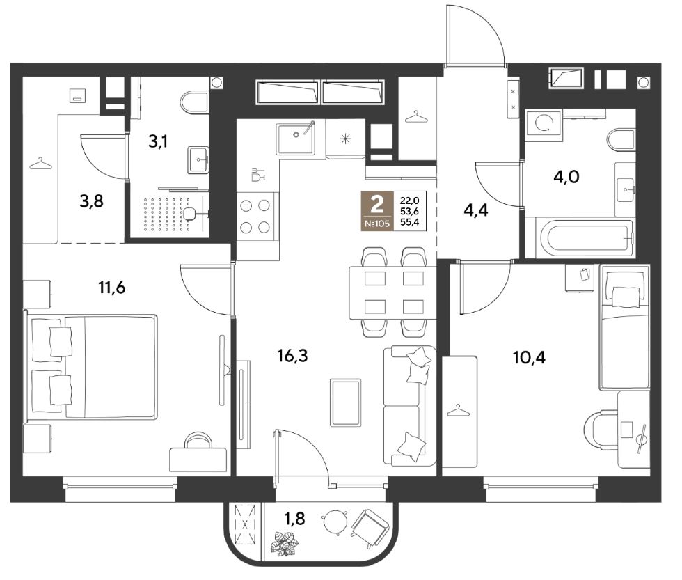 Двухкомнатная в Литер 15 очередь 1