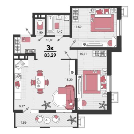 Трехкомнатная в Литер 19