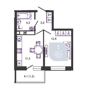 Однокомнатная в Литер 1 Очередь 1