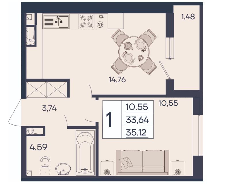 Однокомнатная в Литер 1.17