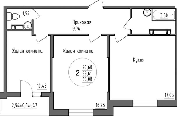 Двухкомнатная в Литер 10 Друг 3