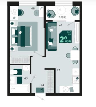 Двухкомнатная в Квартал 1.4 Литер 1