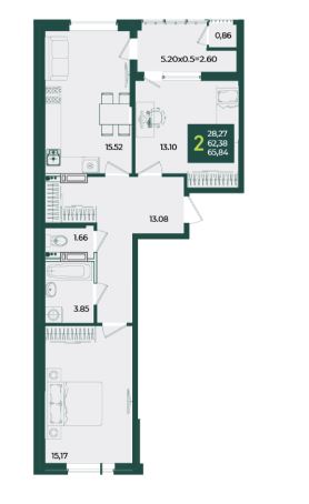 Двухкомнатная в Дом 2 очередь 2 