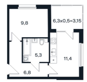 Однокомнатная в Литер 12 очередь 3