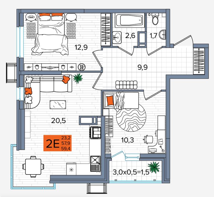 Двухкомнатная в Литер 1 очередь 2
