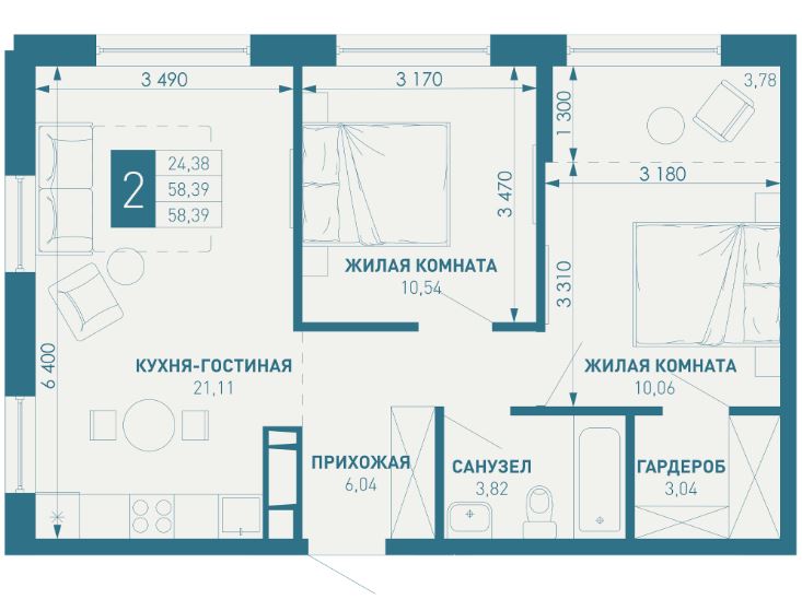 Двухкомнатная в Литер 2