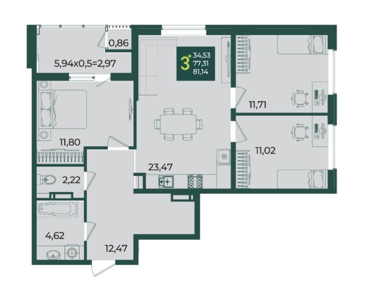 Трехкомнатная в Дом 9 очередь 3