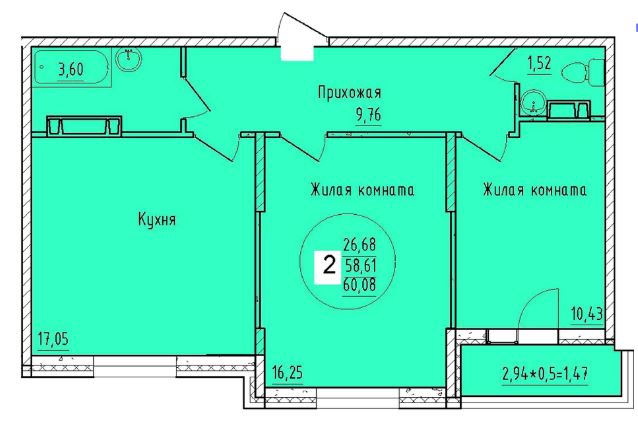 Двухкомнатная в 9 Этап Литер 2