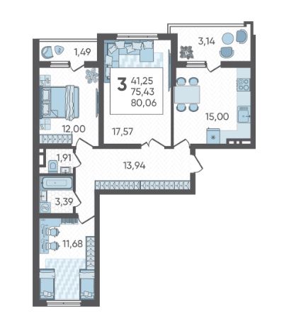 Трехкомнатная в Литер 1