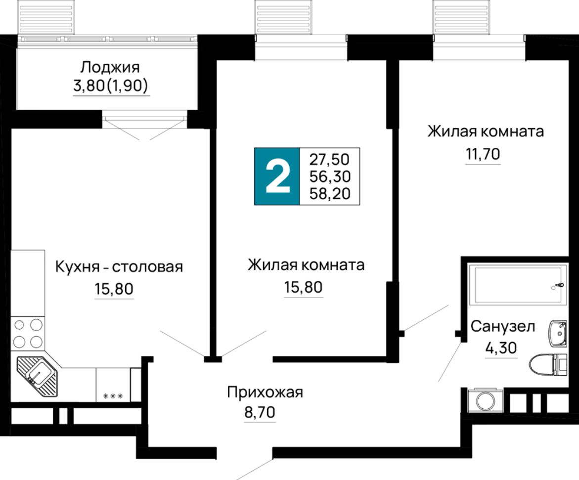 Двухкомнатная в Очередь 2 Литер 5