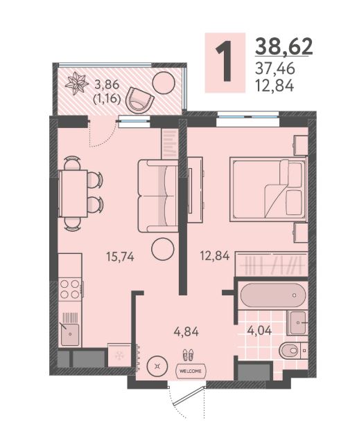 Однокомнатная в Литер 4 очередь 2