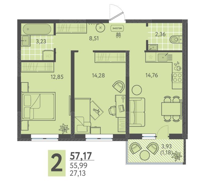 Двухкомнатная в Литер 4 очередь 2