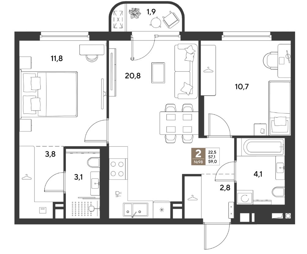 Двухкомнатная в Литер 15 очередь 1